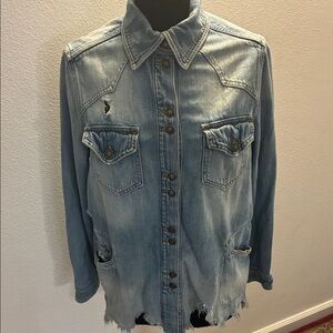 Free People moon child Distressed Light Denim Jacket XS 40” chest